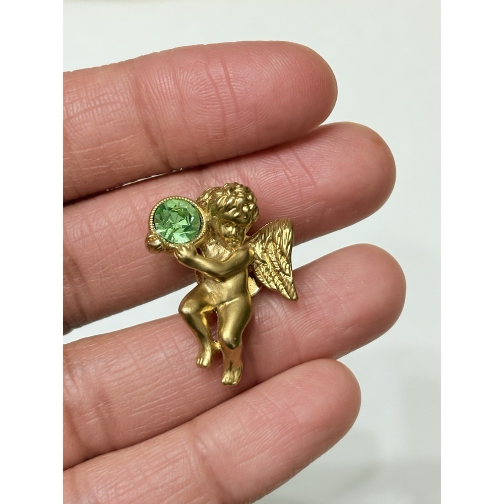 Vintage Avon gold tone cherub angel green rhinestone pin